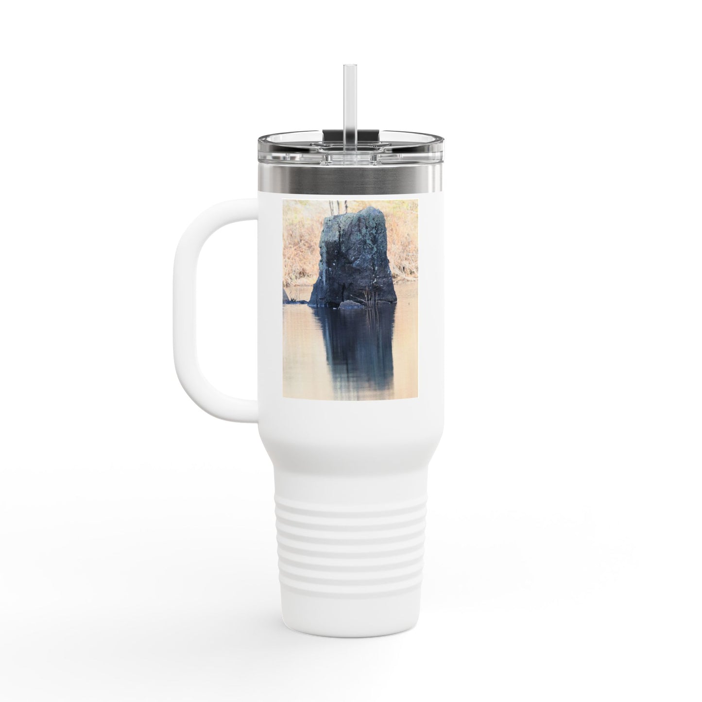 40oz Insulated Travel Mug with Scenic Forest Lake Photo