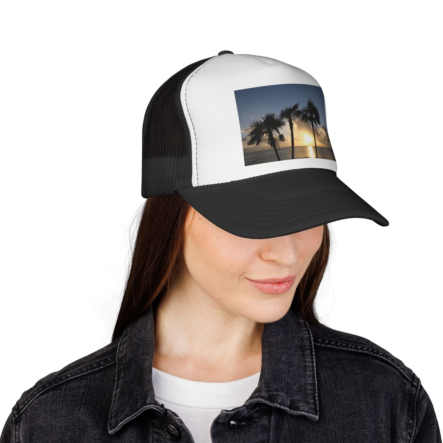Sunset Palm Trucker Cap — Tropical Beach Sunset Mesh Hat