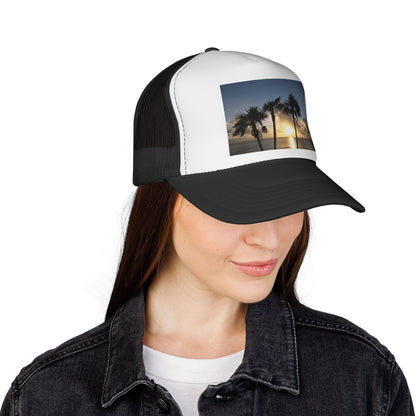 Sunset Palm Trucker Cap — Tropical Beach Sunset Mesh Hat