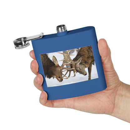 6oz Stainless Steel Flask — Wildlife Photo: Two Bucks Locking Antlers (Hunting Gift)