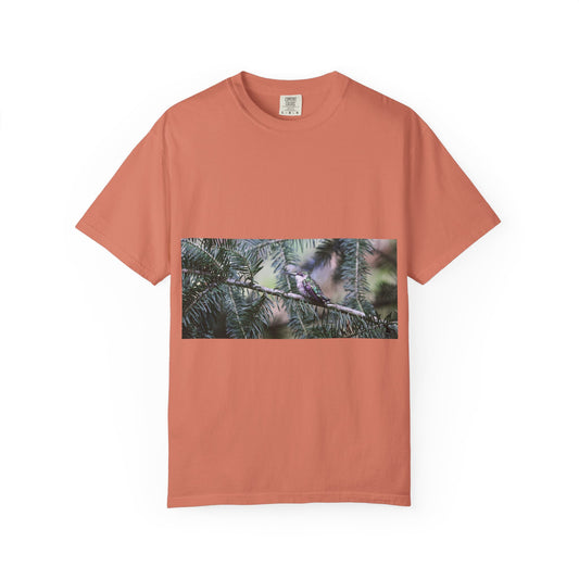 Emerald Wings: Hummingbird in Conifer Haven, Wildlife Macro Photographyphotography shirts