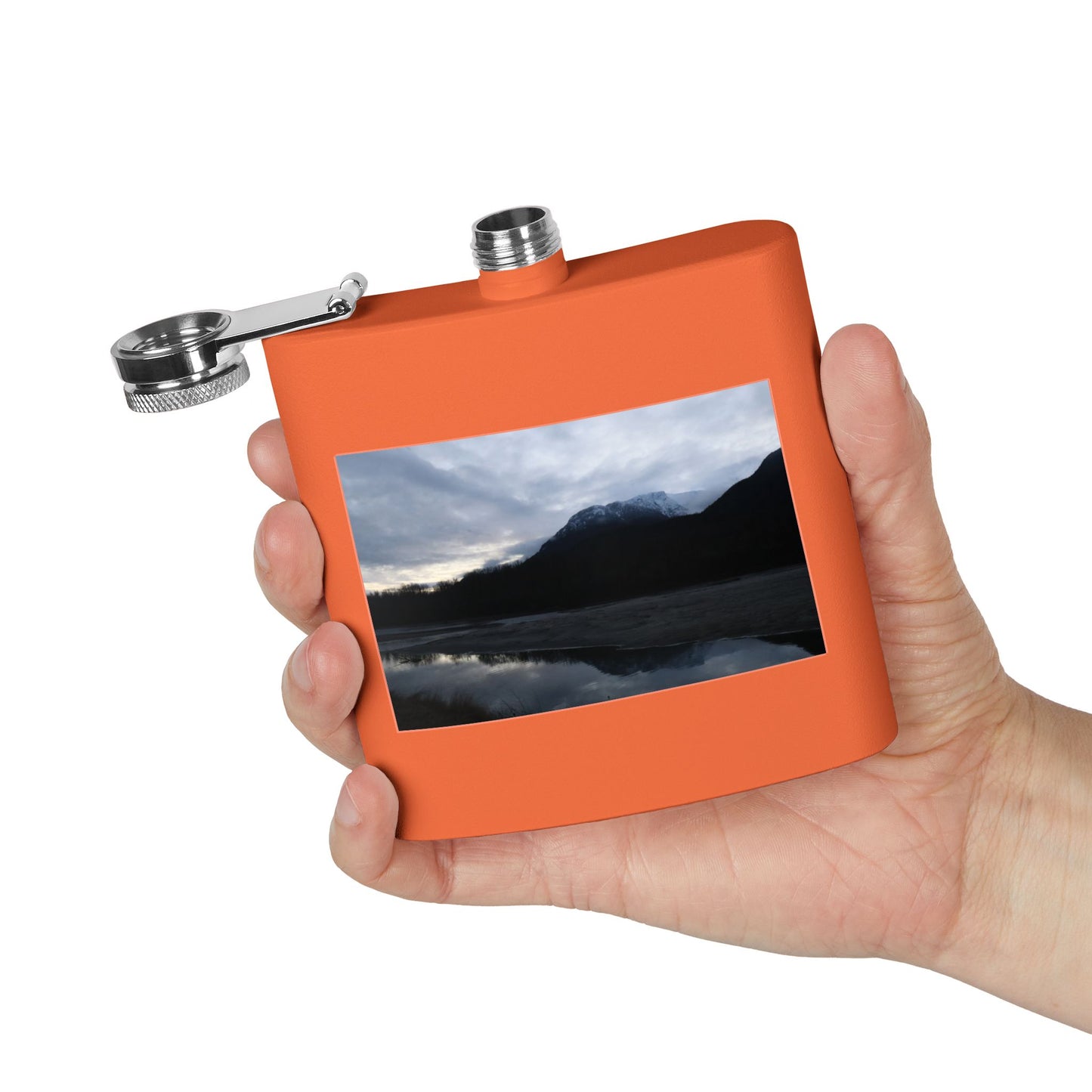 Mountain Lake Evening Stainless Steel Flask — 6oz Wilderness Hip Flask