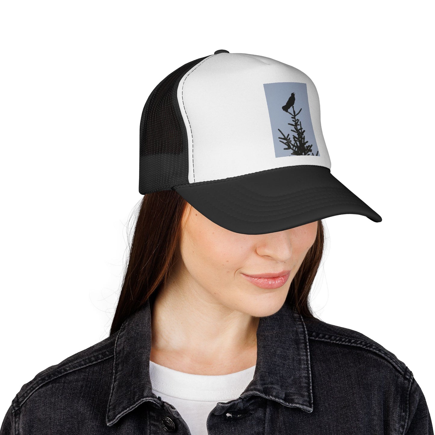 Trucker Cap — Raven Silhouette on Pine Branches (Outdoor Nature Hat)