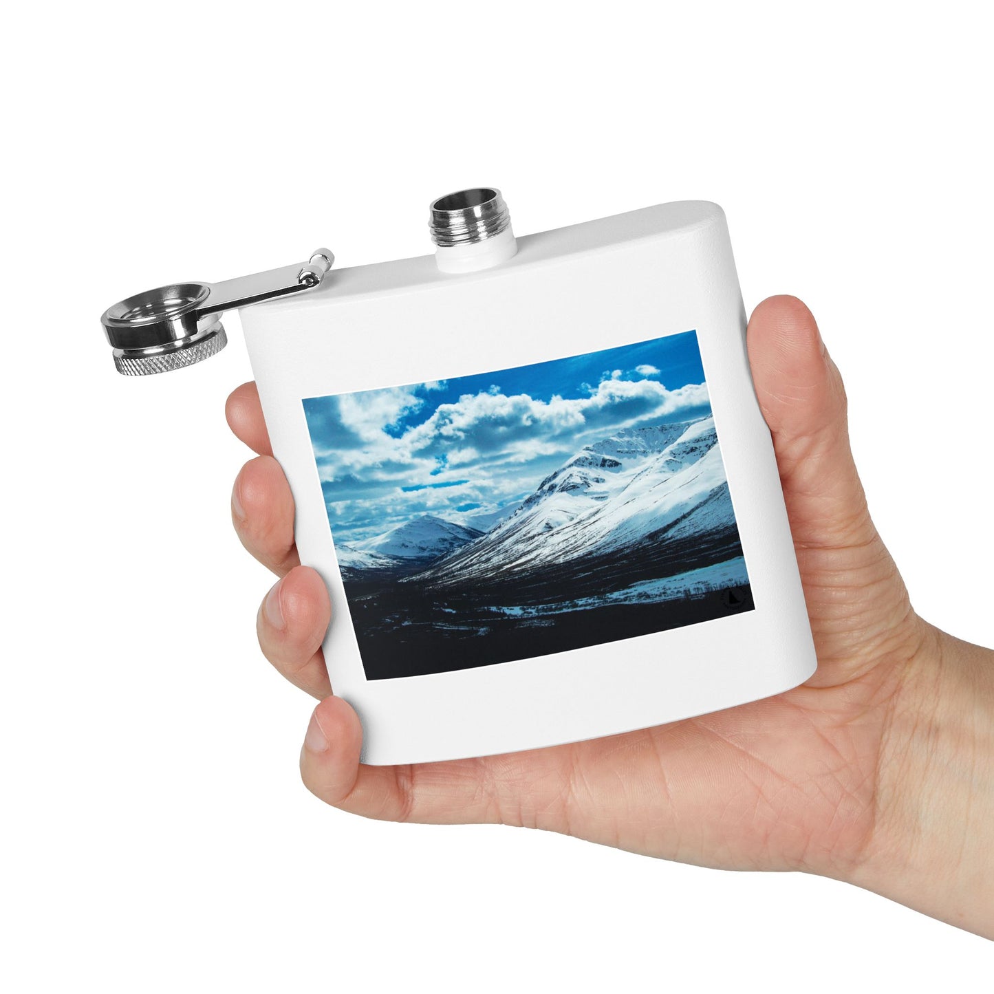 Mountain Winter Scene 6oz Stainless Steel Flask — Snowy Peaks Travel Hip Flask
