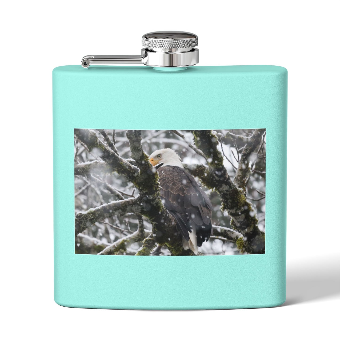 Eagle In Snow 6oz Stainless Steel Hip Flask — Bald Eagle Wildlife Photo Flask, Outdoor Gift for Hunters & Nature Lovers