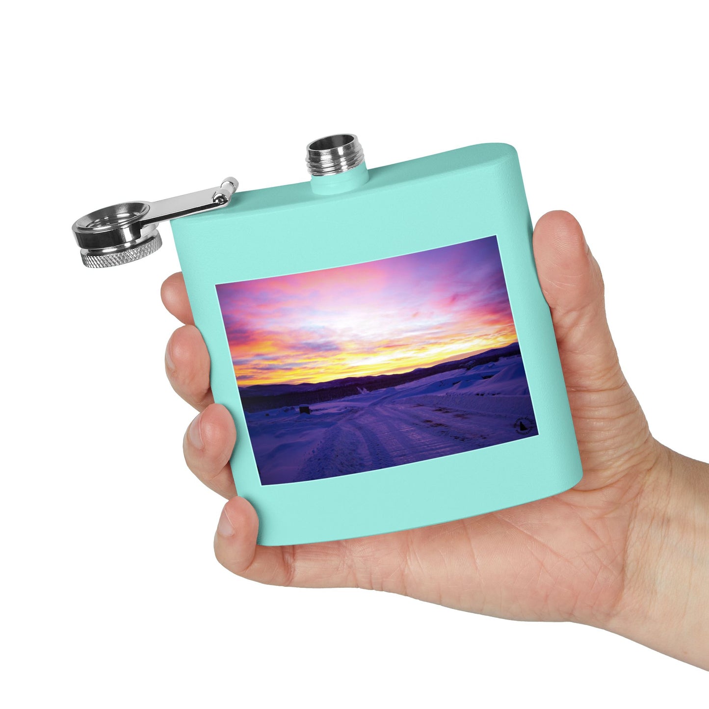 6oz Stainless Steel Flask — Winter Sunset Landscape Photo Flask