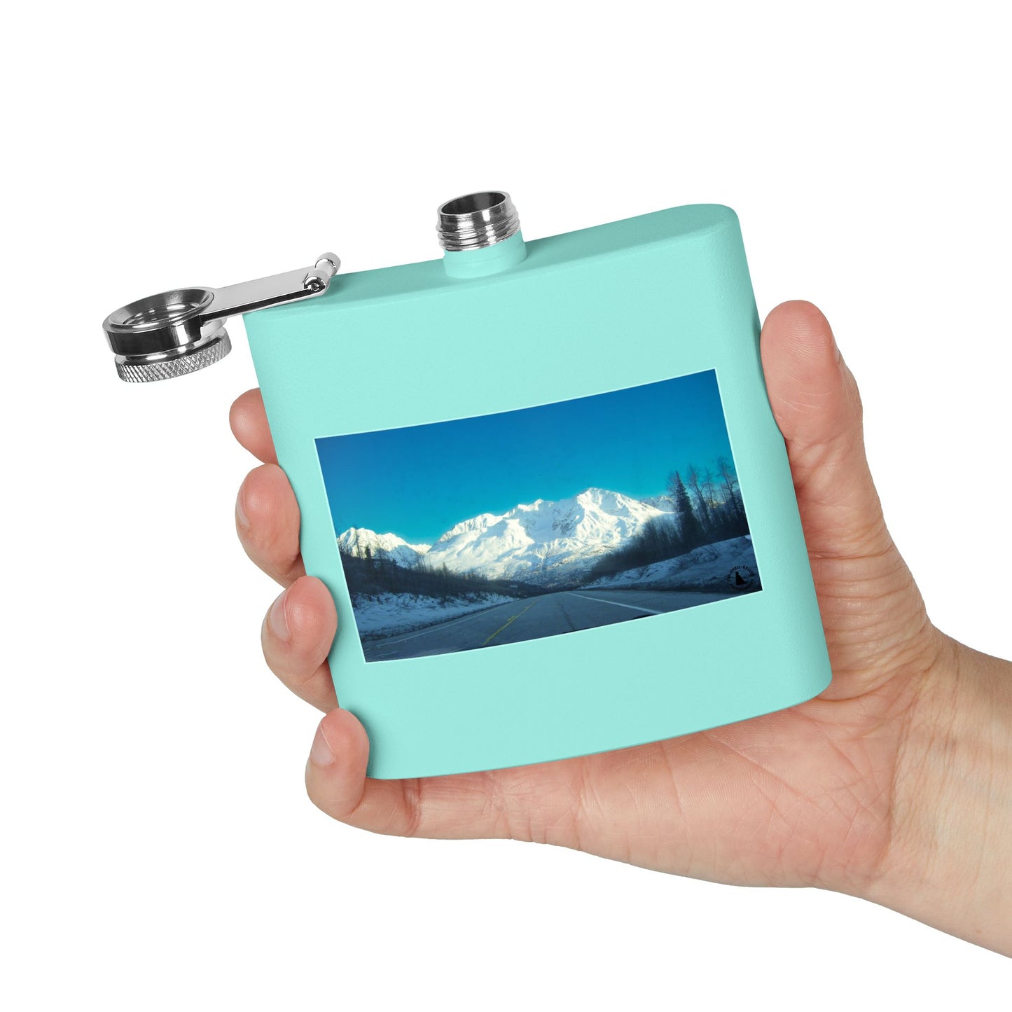 6oz Mountain Landscape Stainless Steel Flask – Snowy Peaks Photo Hip Flask
