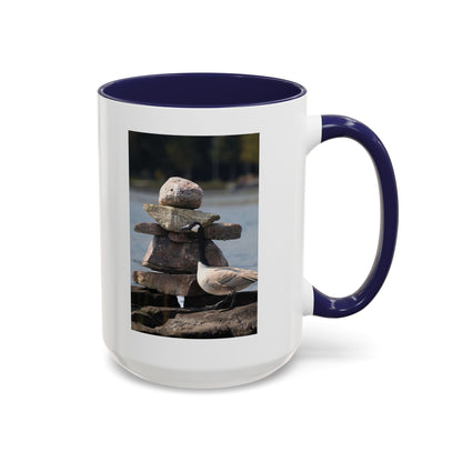 Seaside Rock Cairn Accent Coffee Mug — Coastal Bird & Stacked Stones Photo (11/15oz)