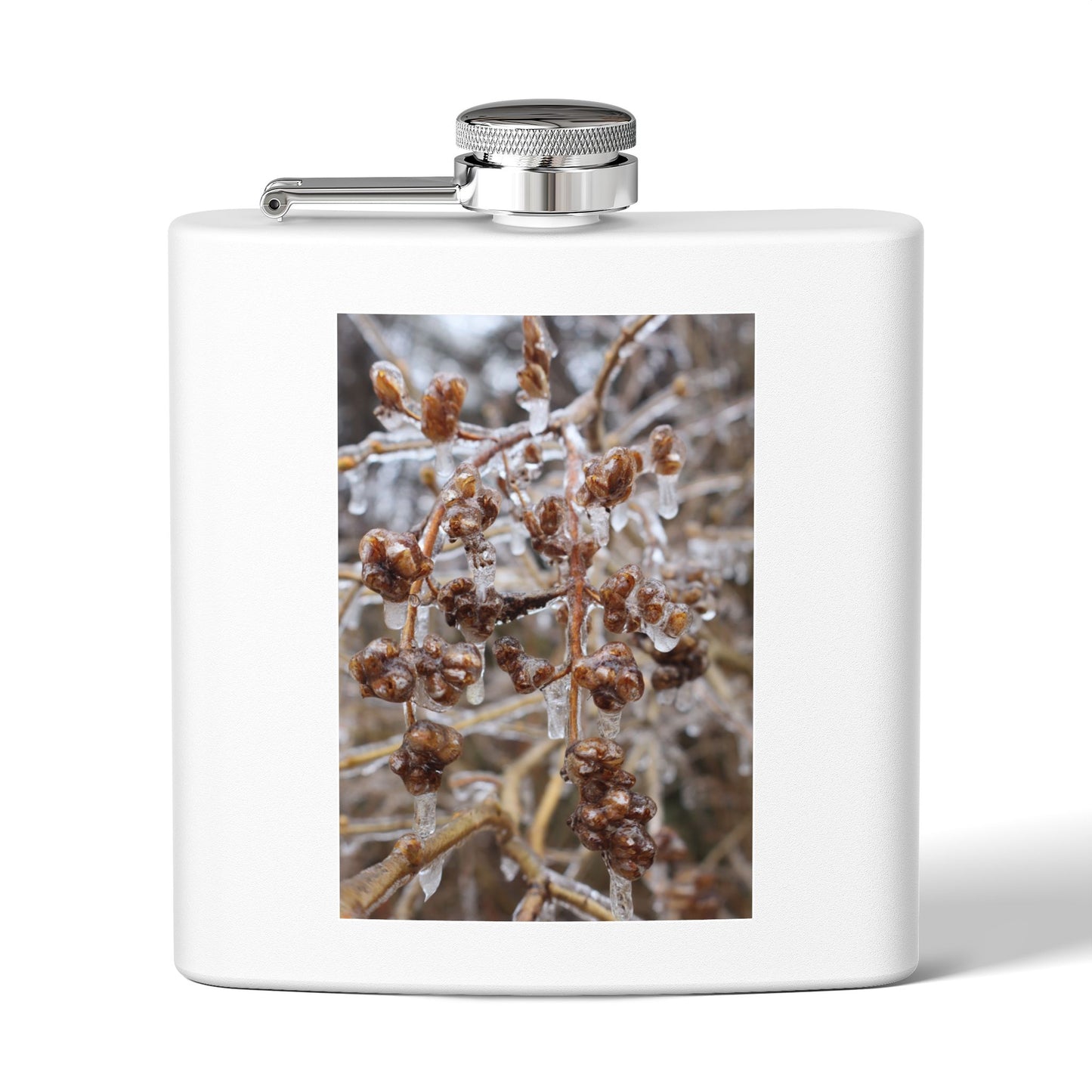 6oz Stainless Steel Flask with Frosted Berries Photo — Winter Nature Pocket Flask