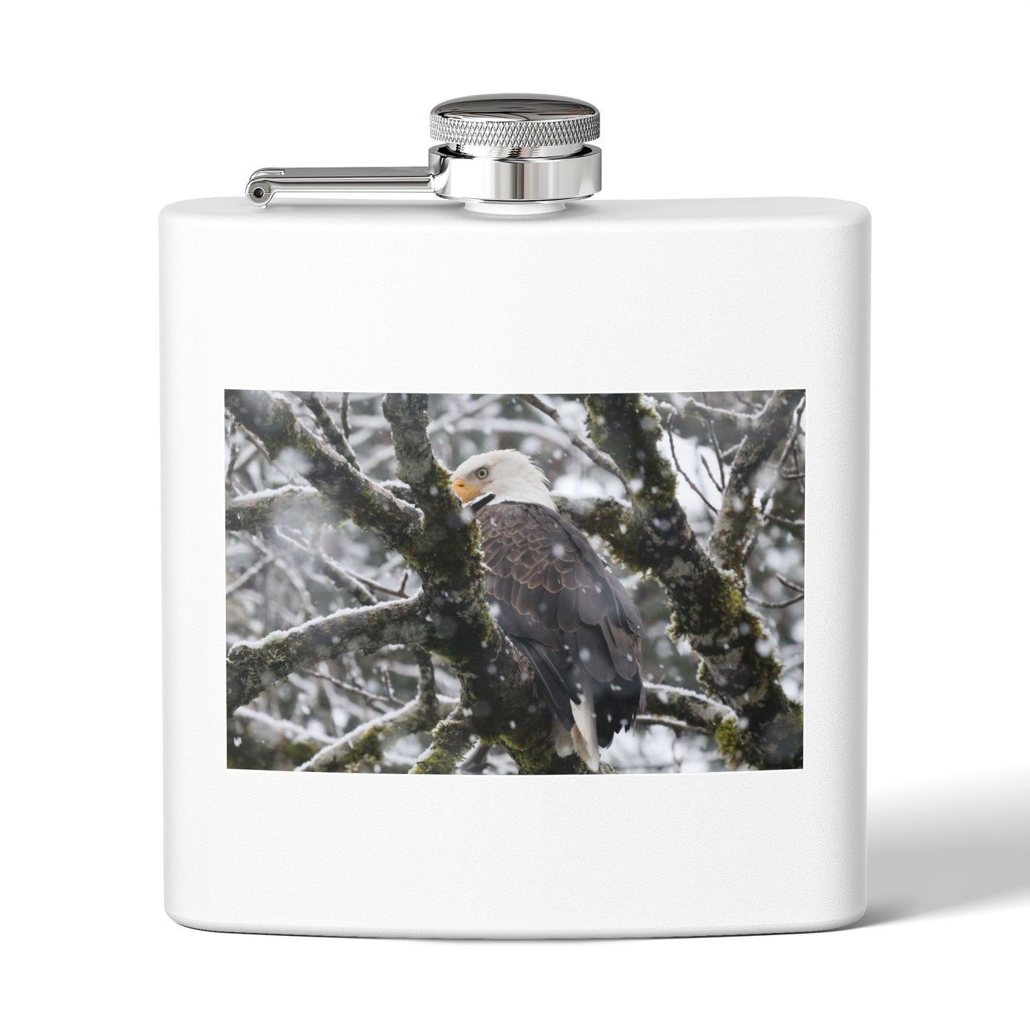 Eagle In Snow 6oz Stainless Steel Hip Flask — Bald Eagle Wildlife Photo Flask, Outdoor Gift for Hunters & Nature Lovers