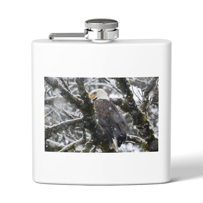 Eagle In Snow 6oz Stainless Steel Hip Flask — Bald Eagle Wildlife Photo Flask, Outdoor Gift for Hunters & Nature Lovers