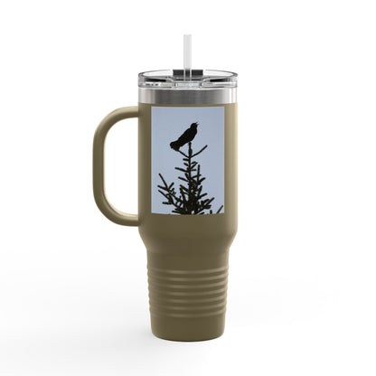 40oz Insulated Travel Mug — Raven Silhouette on Pine (Outdoor Nature Tumbler)