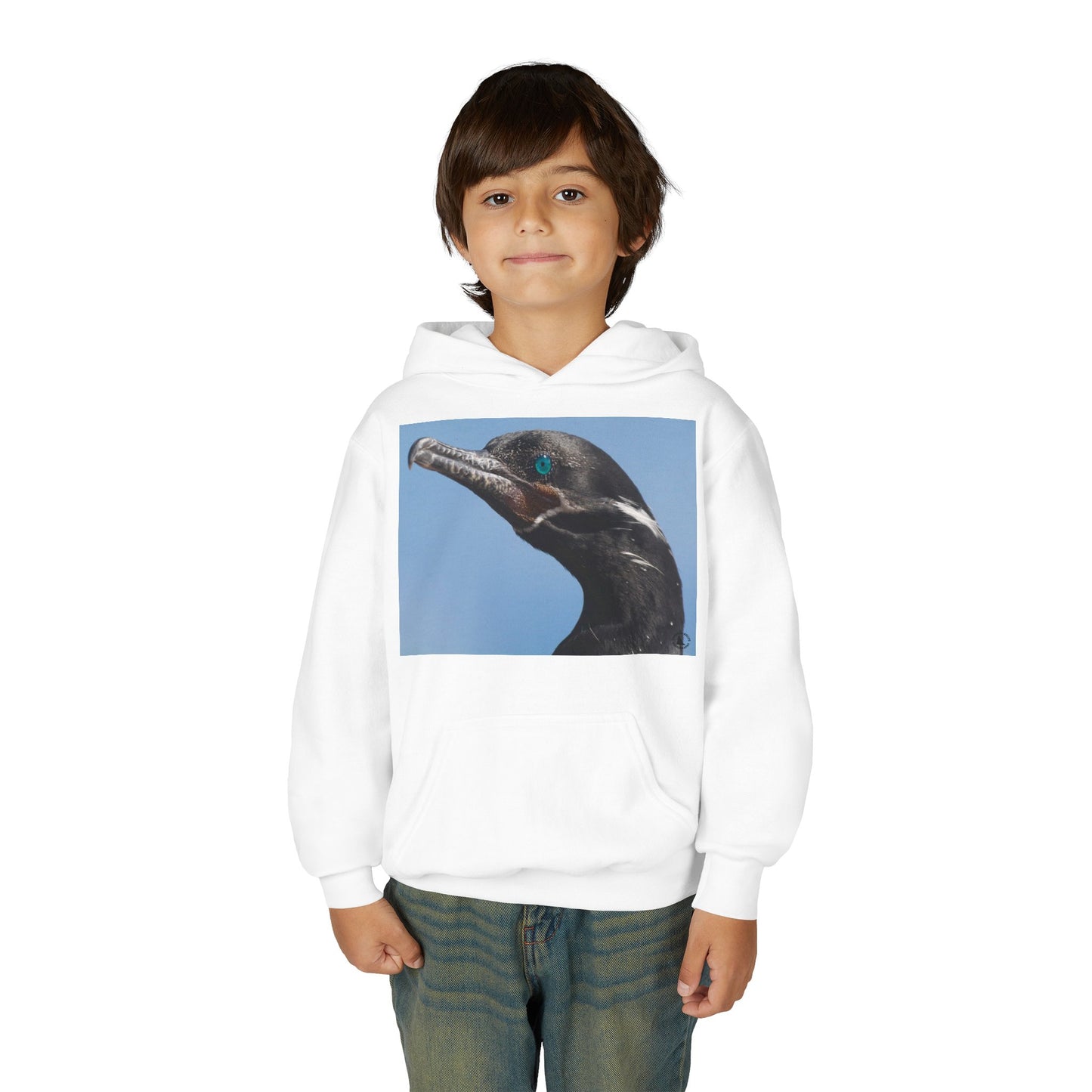 Youth Hoodie with Close-Up Cormorant Photo — Nature-Lover Kids Pullover