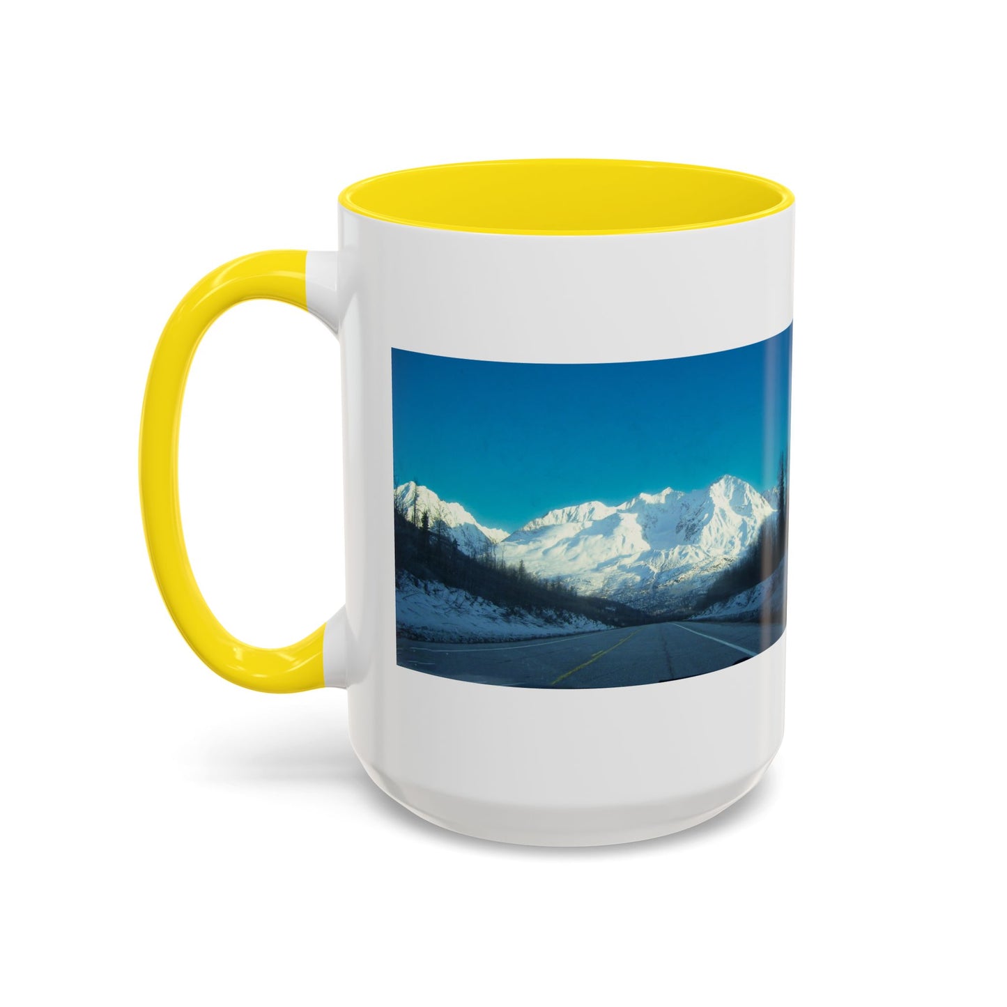 Scenic Mountain Panorama Accent Coffee Mug — Snowy Peaks Travel Coffee Cup (11/15 oz)