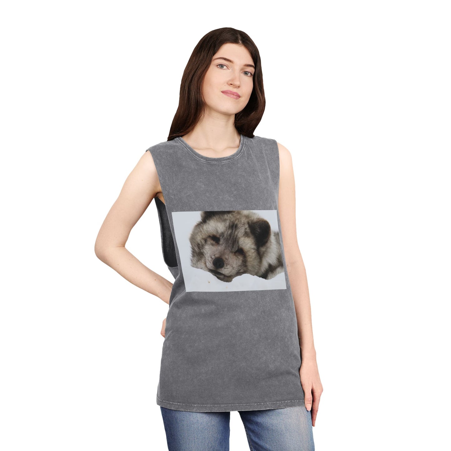 Arctic Fox Sleeping Photo Tank Top — Vintage Stonewash Sleeveless Tee