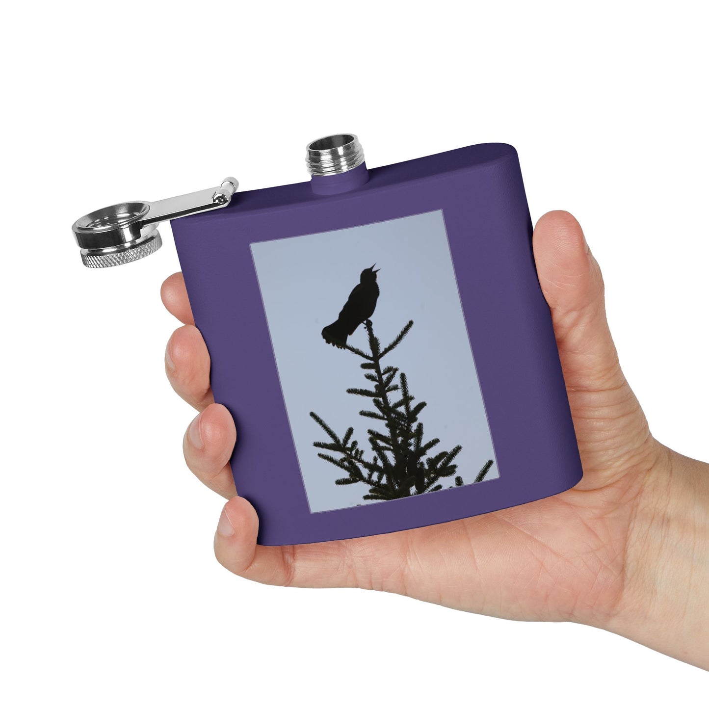 6oz Stainless Steel Flask — Silhouette Bird on Spruce Design