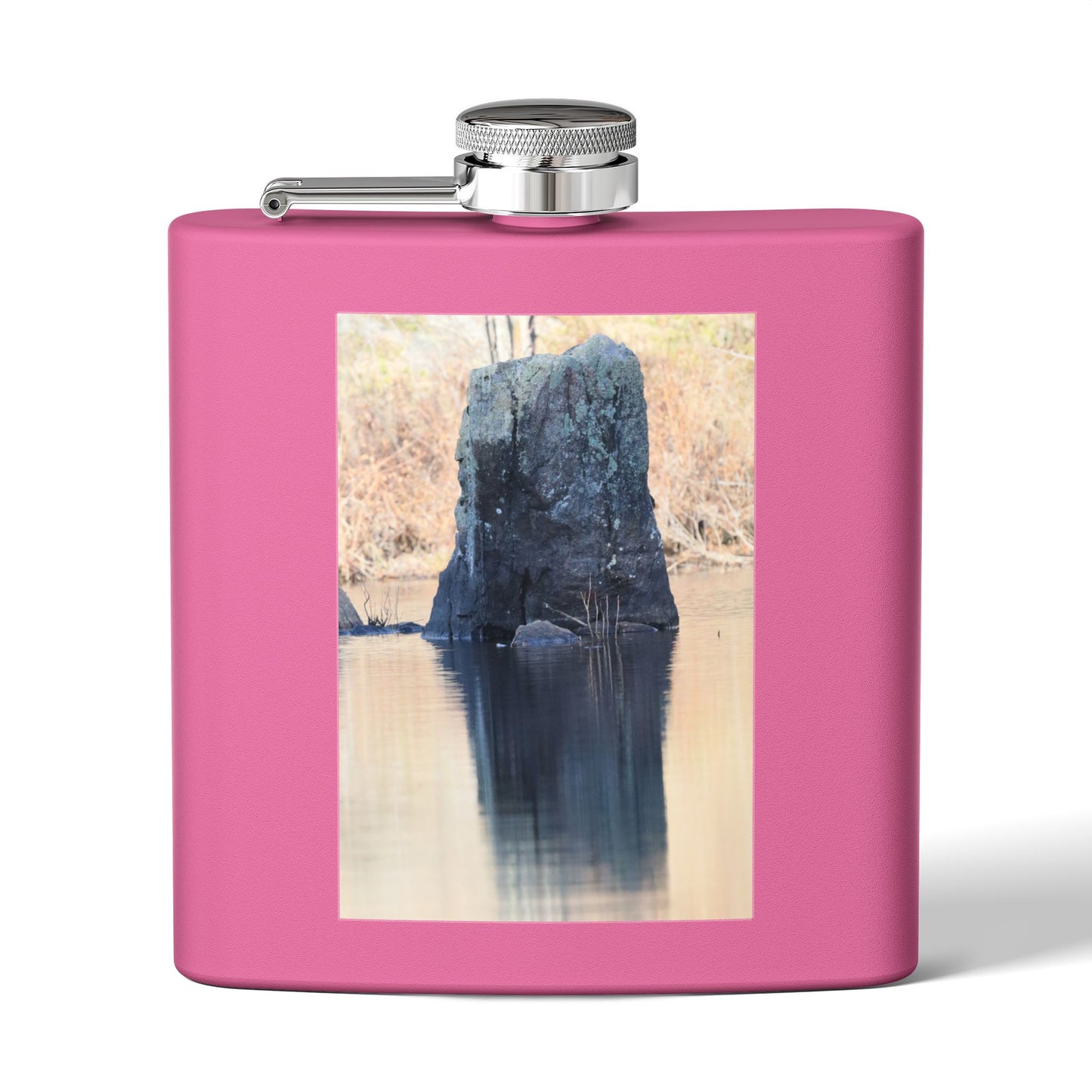 6oz Stainless Steel Flask with Tranquil Lake Rock Photo – Portable Outdoor Hip Flask