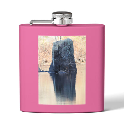 6oz Stainless Steel Flask with Tranquil Lake Rock Photo – Portable Outdoor Hip Flask