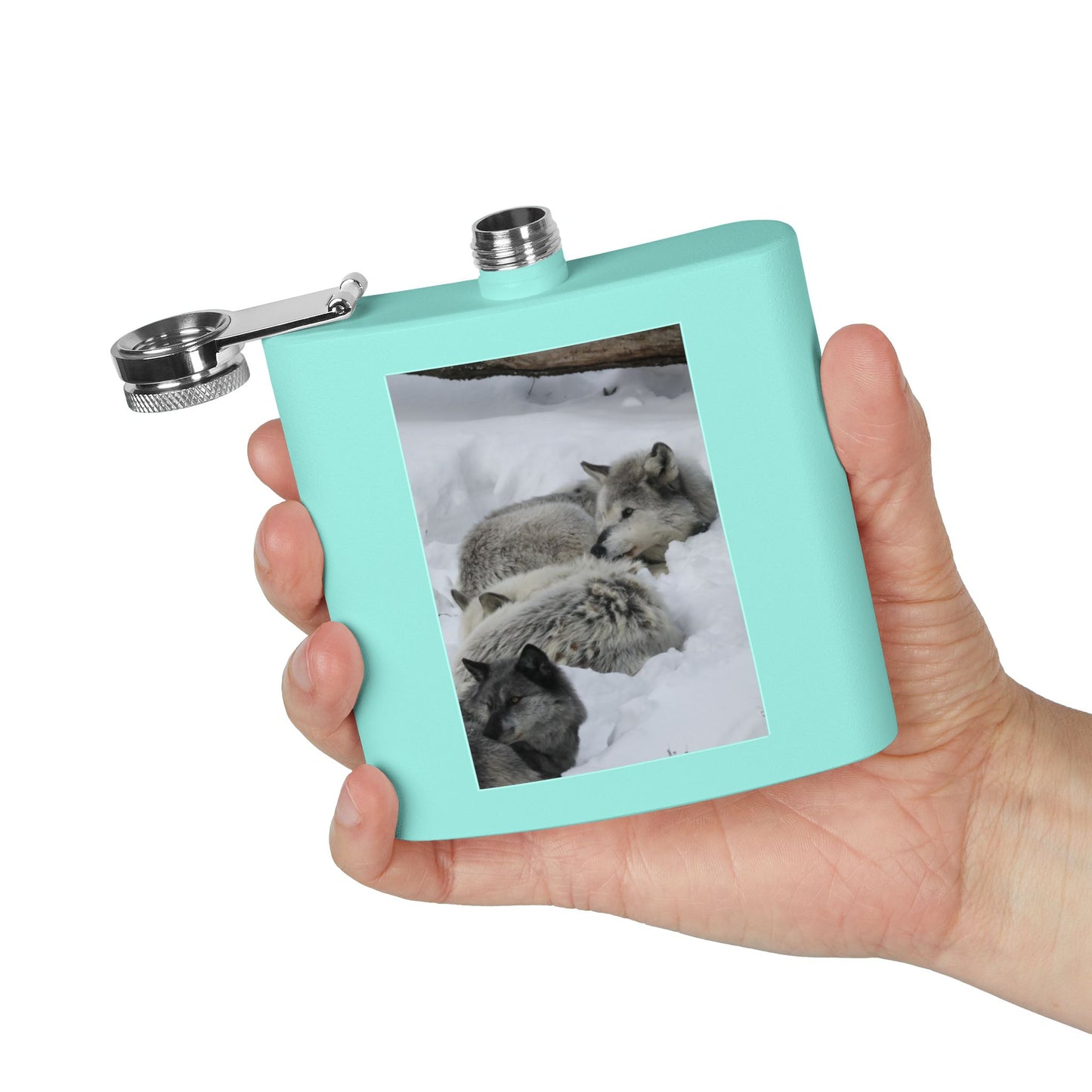 Wolf Pack Stainless Steel Flask – 6oz Snow Wolves Hip Flask