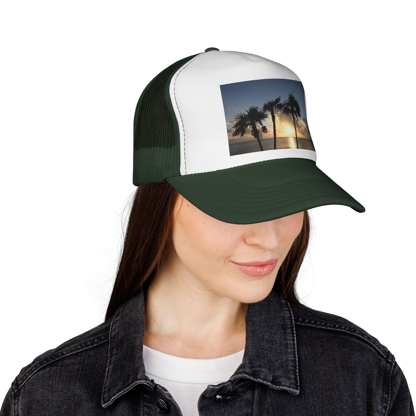 Sunset Palm Trucker Cap — Tropical Beach Sunset Mesh Hat
