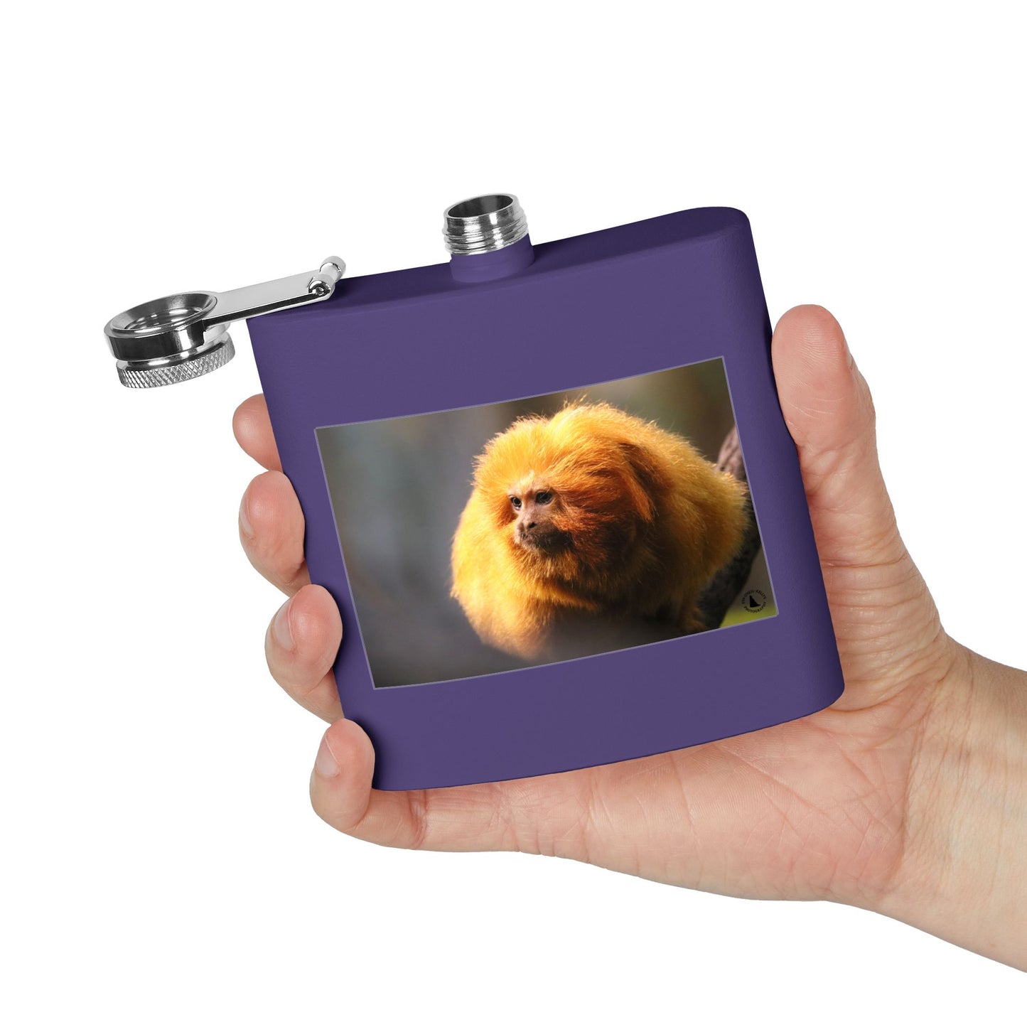 6oz Stainless Steel Flask with Golden Lion Tamarin Photo