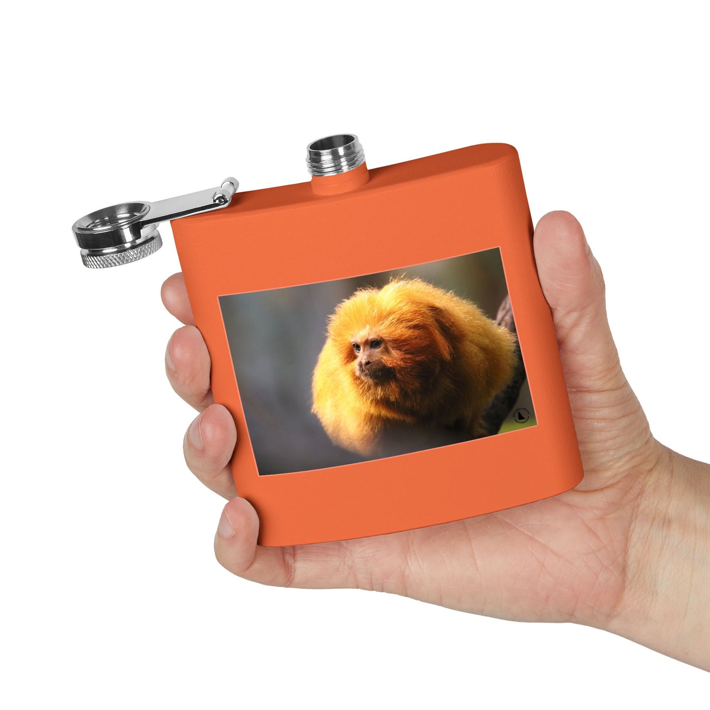 6oz Stainless Steel Flask with Golden Lion Tamarin Photo
