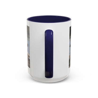 Seaside Rock Cairn Accent Coffee Mug — Coastal Bird & Stacked Stones Photo (11/15oz)