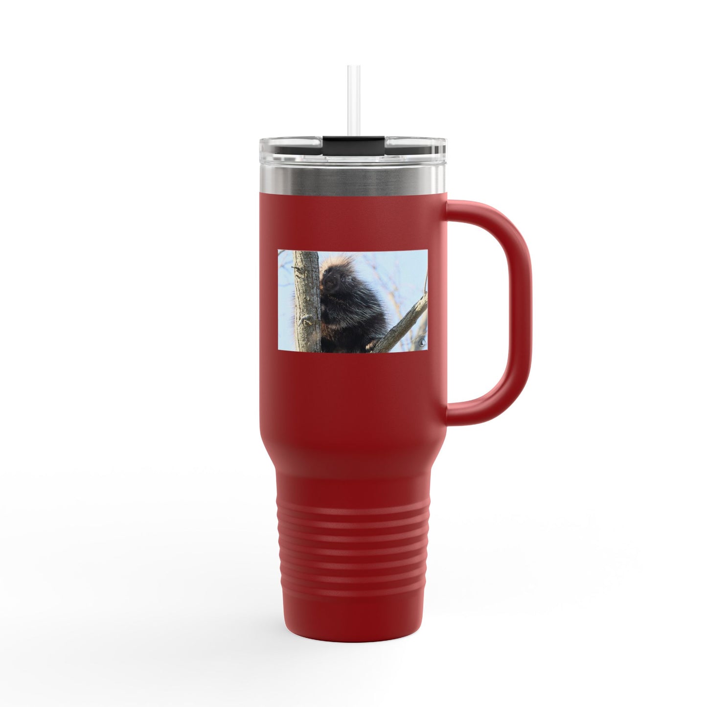 40oz Insulated Travel Mug with Cozy Raccoon Photo — Large Stainless Steel Tumbler for Road Trips & Outdoor Lovers