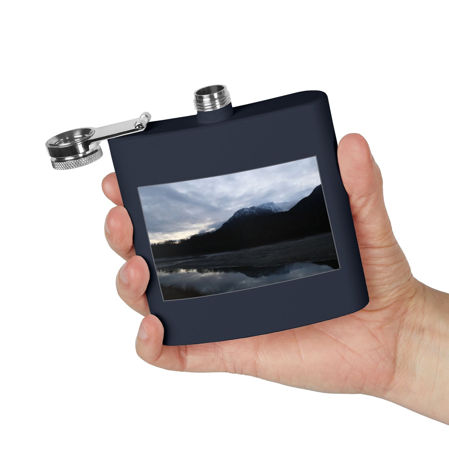 Mountain Lake Evening Stainless Steel Flask — 6oz Wilderness Hip Flask