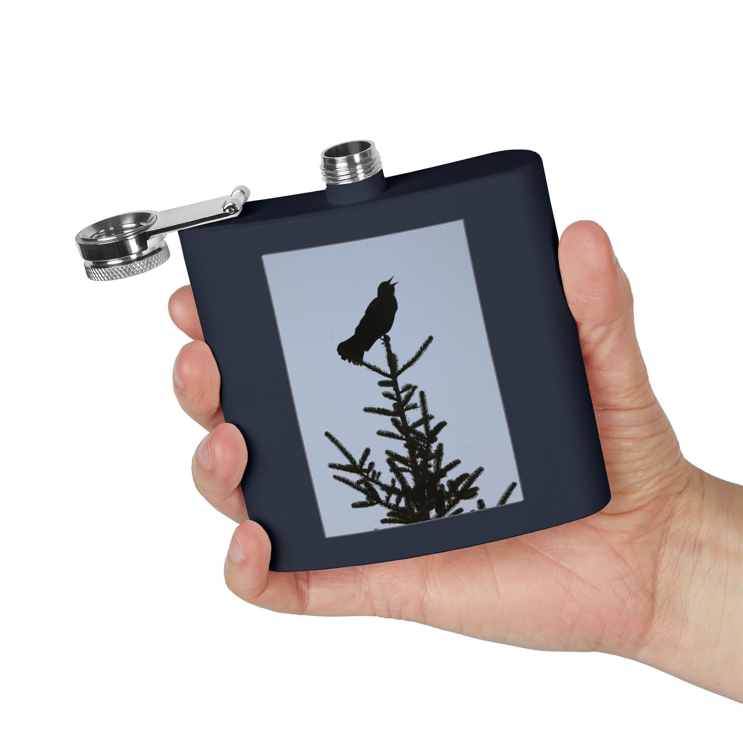6oz Stainless Steel Flask — Silhouette Bird on Spruce Design