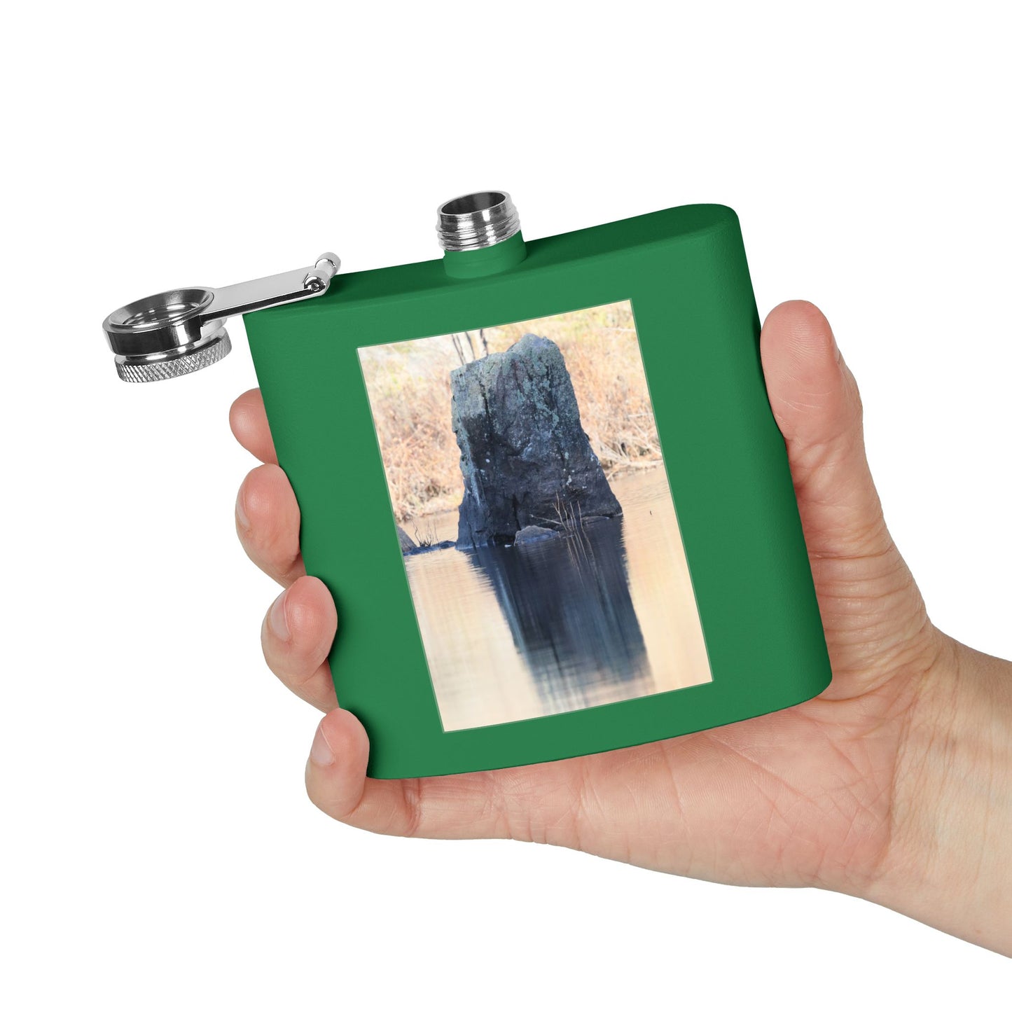 6oz Stainless Steel Flask with Tranquil Lake Rock Photo – Portable Outdoor Hip Flask