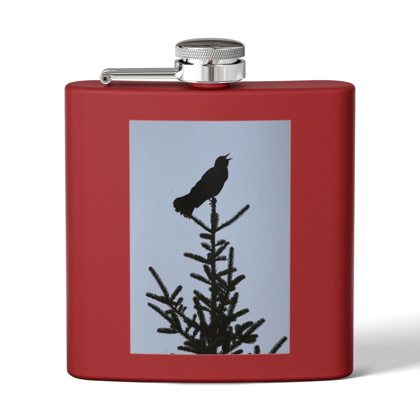6oz Stainless Steel Flask — Silhouette Bird on Spruce Design