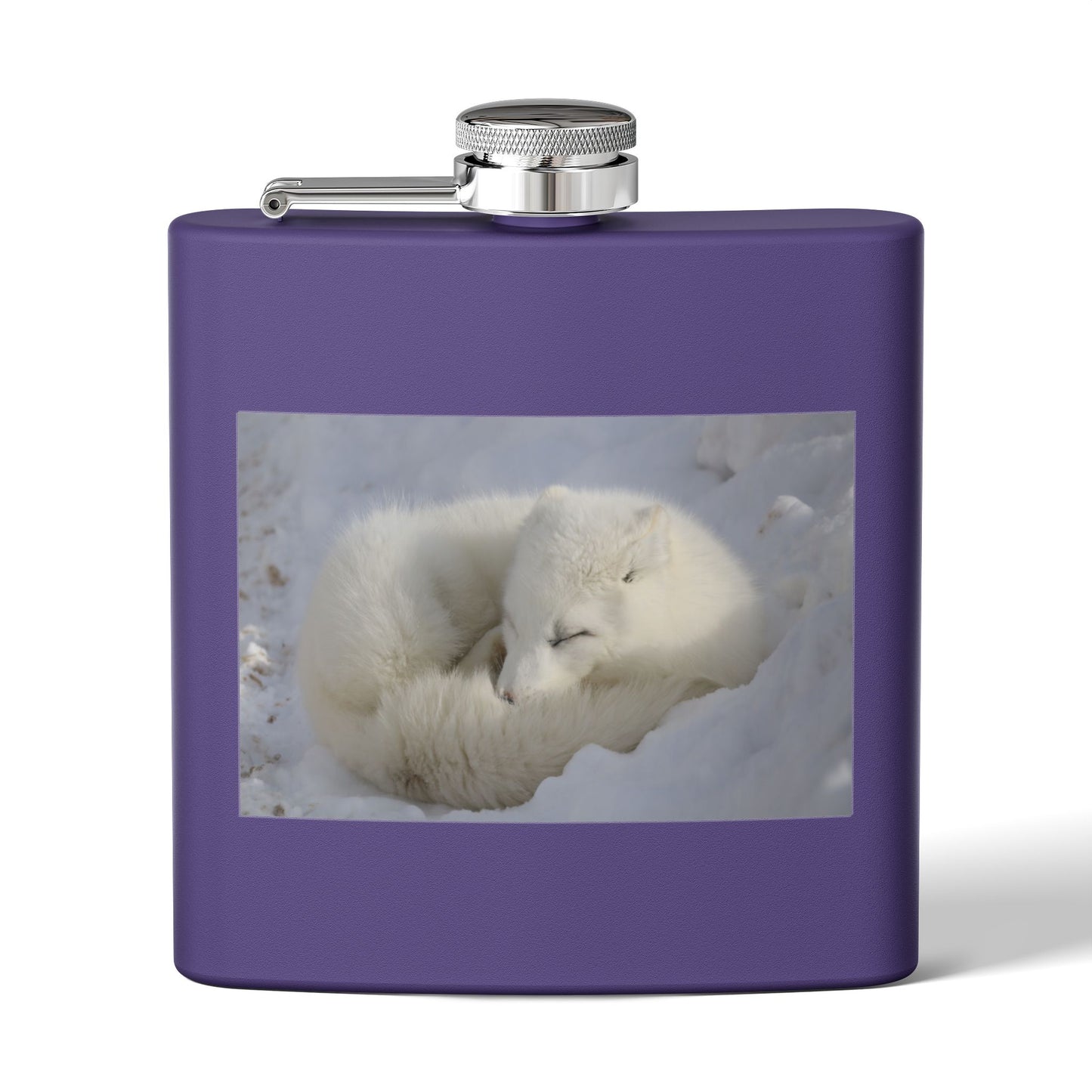 White Arctic Fox Flask — 6oz Stainless Steel Hip Flask with Sleeping Fox Photo