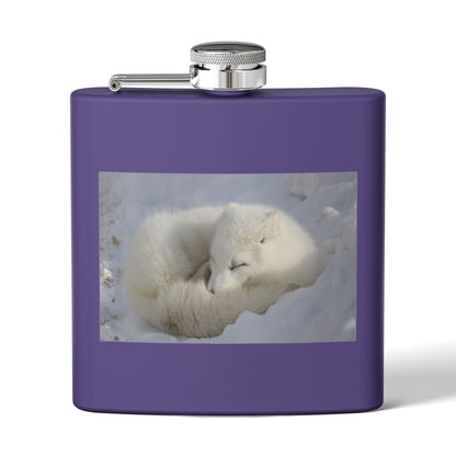 White Arctic Fox Flask — 6oz Stainless Steel Hip Flask with Sleeping Fox Photo