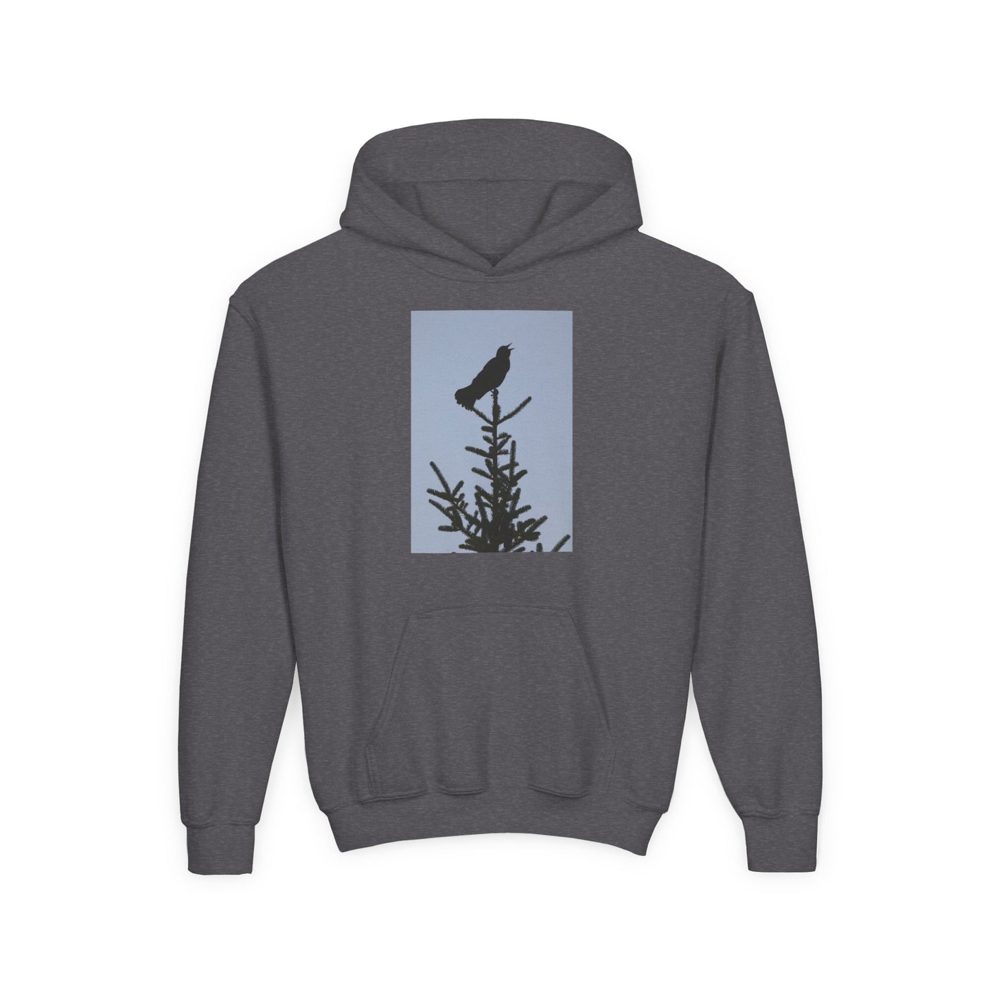 Youth Hoodie with Raven Silhouette on Pine — Cozy Nature Kids Sweatshirt