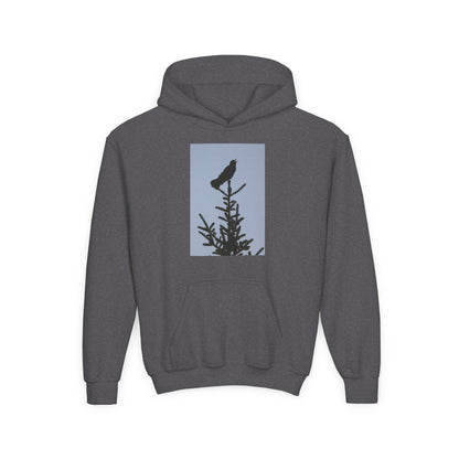 Youth Hoodie with Raven Silhouette on Pine — Cozy Nature Kids Sweatshirt
