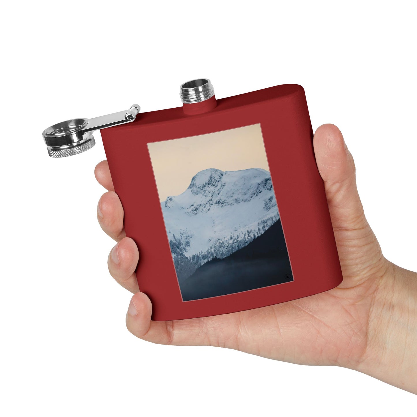Mountain Peak 6oz Stainless Steel Flask — Snowy Summit Photo Design