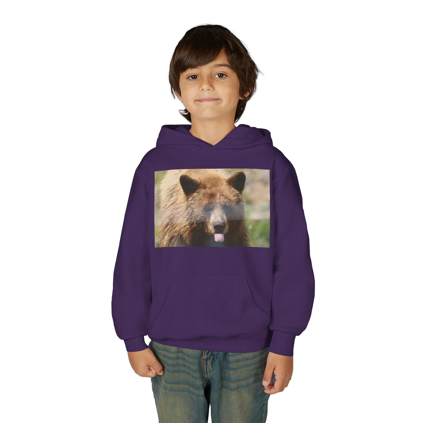Youth Bear Hoodie — Cute Tongue-Out Bear Photo Kids Pullover