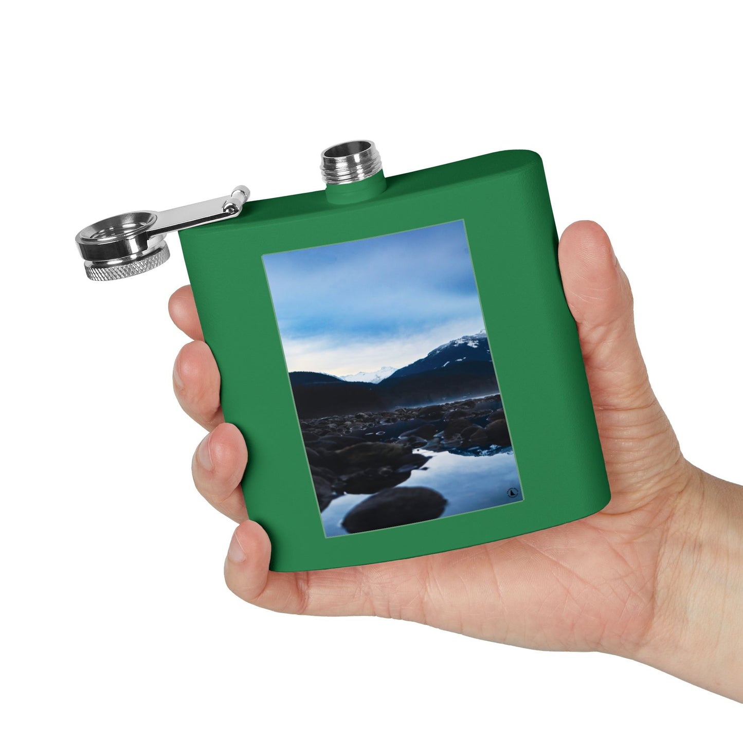6oz Stainless Steel Flask — Mountain Lake Landscape Photo