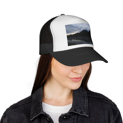 Mountain Lake Trucker Cap — Scenic Nature Photo Mesh Hat
