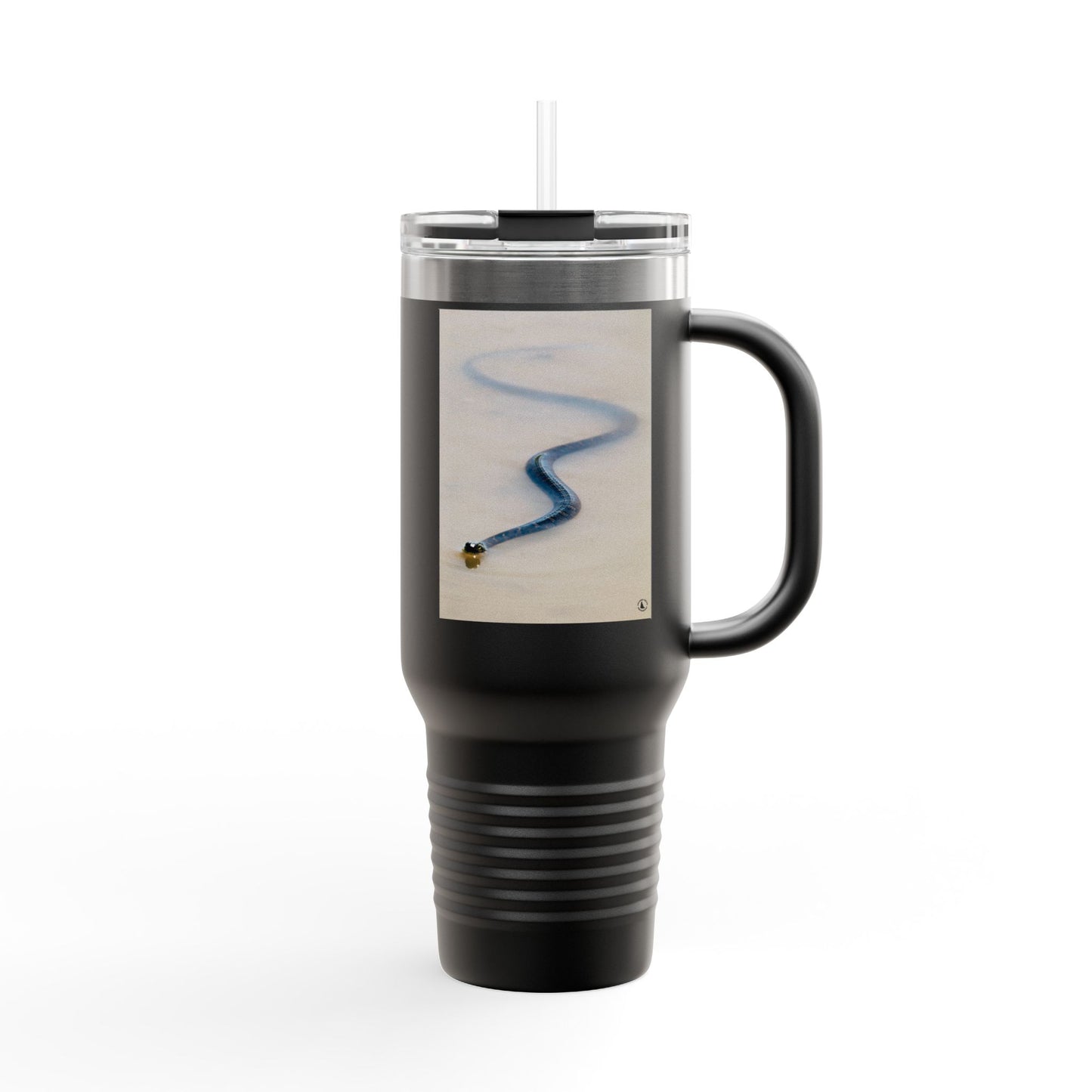 40oz Insulated Travel Mug – Minimal Beach Sand & Blue Wave Design
