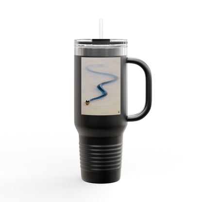 40oz Insulated Travel Mug – Minimal Beach Sand & Blue Wave Design