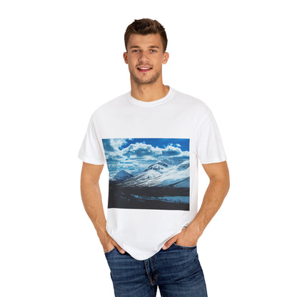Alpine Majesty: Winter Mountain Panorama, Pristine Snow-Capped Peaks, Wilderness Landscapephotography shirts