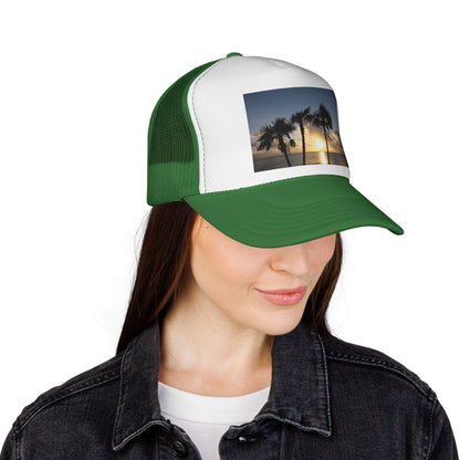 Sunset Palm Trucker Cap — Tropical Beach Sunset Mesh Hat