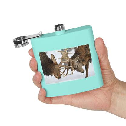6oz Stainless Steel Flask — Wildlife Photo: Two Bucks Locking Antlers (Hunting Gift)