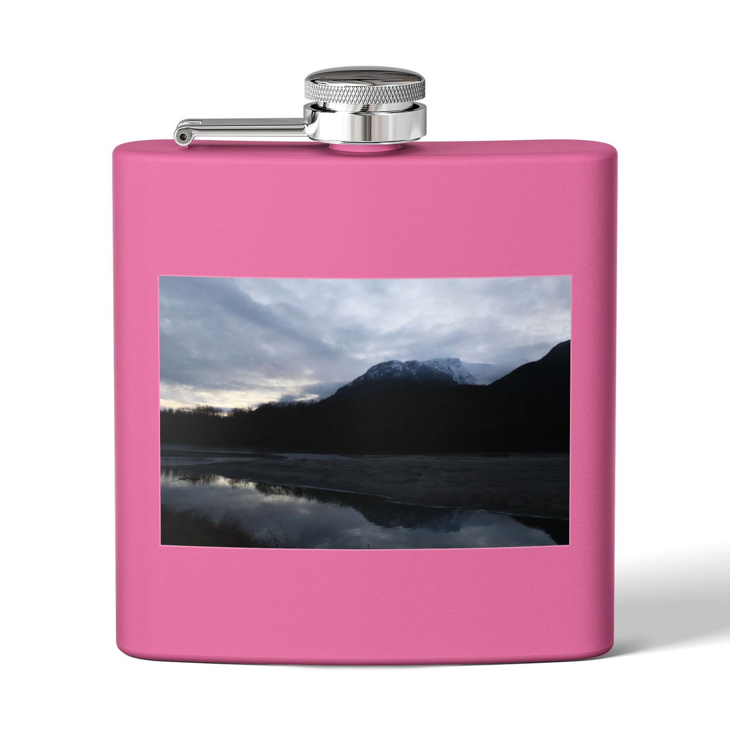 Mountain Lake Evening Stainless Steel Flask — 6oz Wilderness Hip Flask