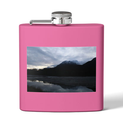 Mountain Lake Evening Stainless Steel Flask — 6oz Wilderness Hip Flask