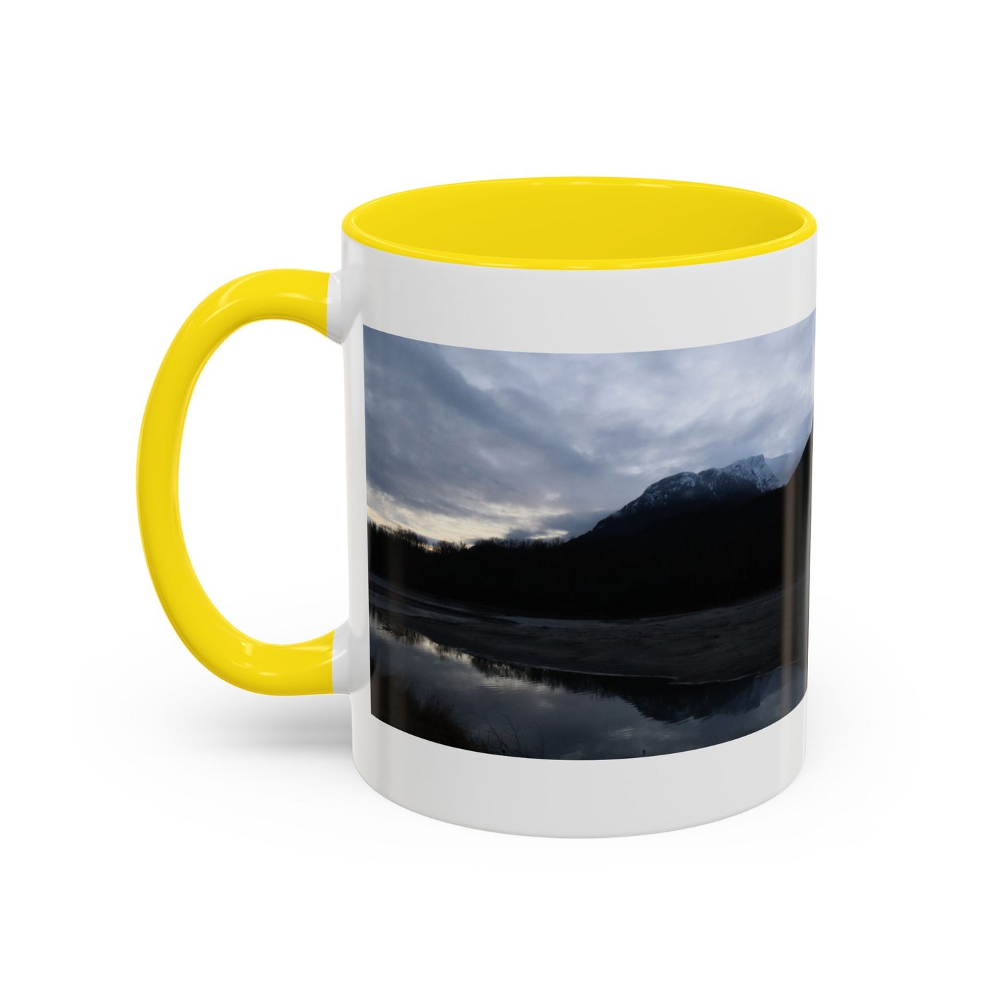 Scenic Mountain Lake Accent Coffee Mug — Moody Sunset Reflection (11oz & 15oz)