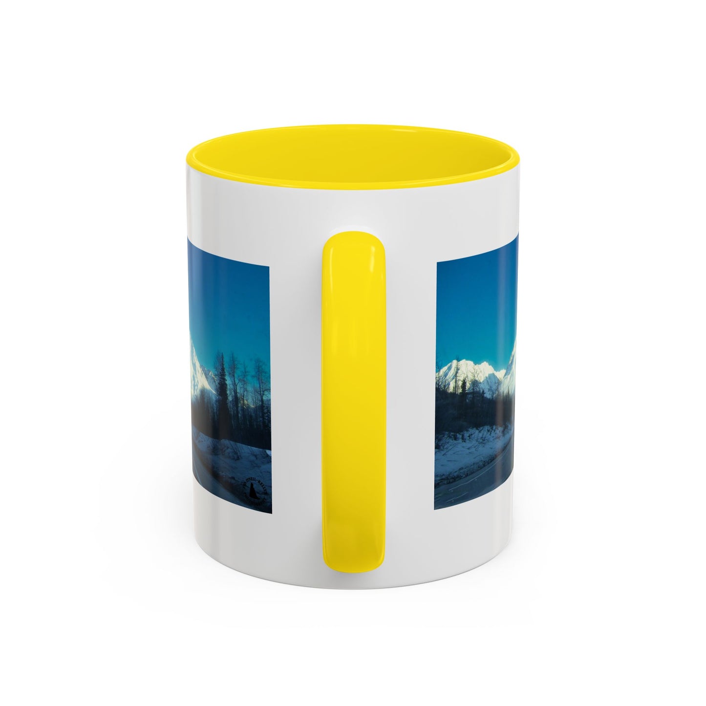 Scenic Mountain Panorama Accent Coffee Mug — Snowy Peaks Travel Coffee Cup (11/15 oz)