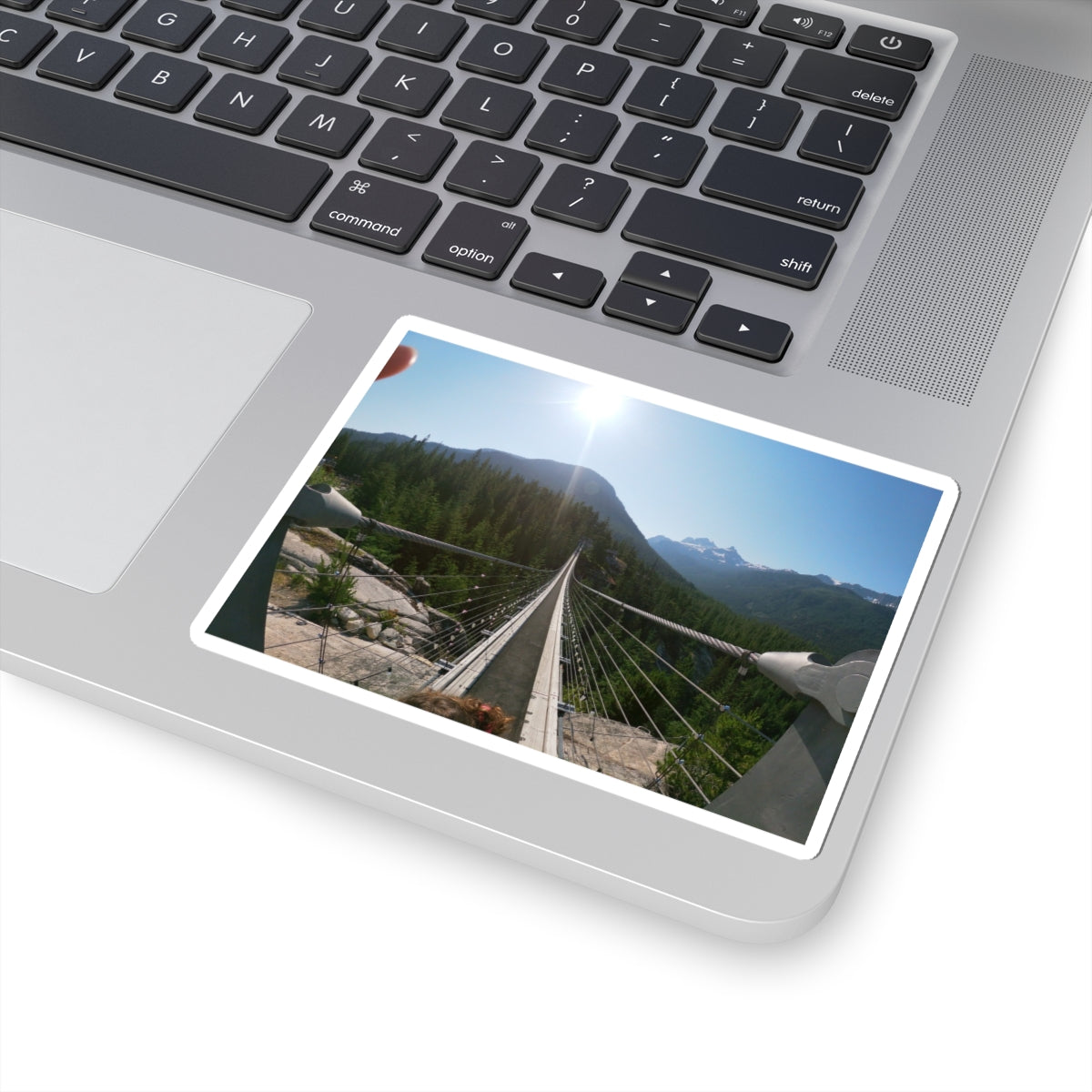 Suspension Bridge Landscape Sticker — Scenic Mountain Hiking Photo Kiss-Cut Sticker